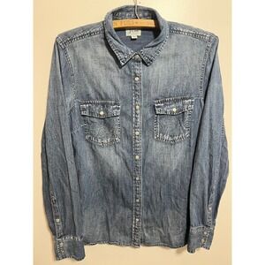 J.Crew Women Denim Western Shirt Medium Wash Blue Snap Front Size 14 Long Sleeve